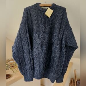 NWT, Aran Crafts Irish Wool Cableknit Sweater, Blue, Size Large
